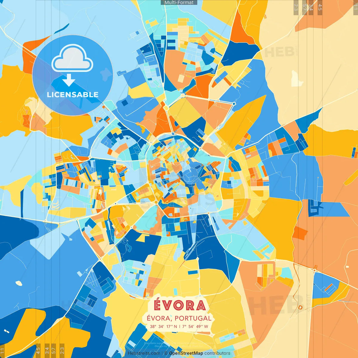 Évora, Évora, Portugal blue and orange vector art map template