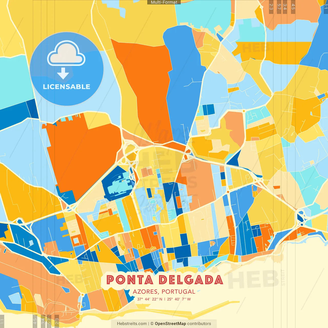 Ponta Delgada, Azores, Portugal blue and orange vector art map template