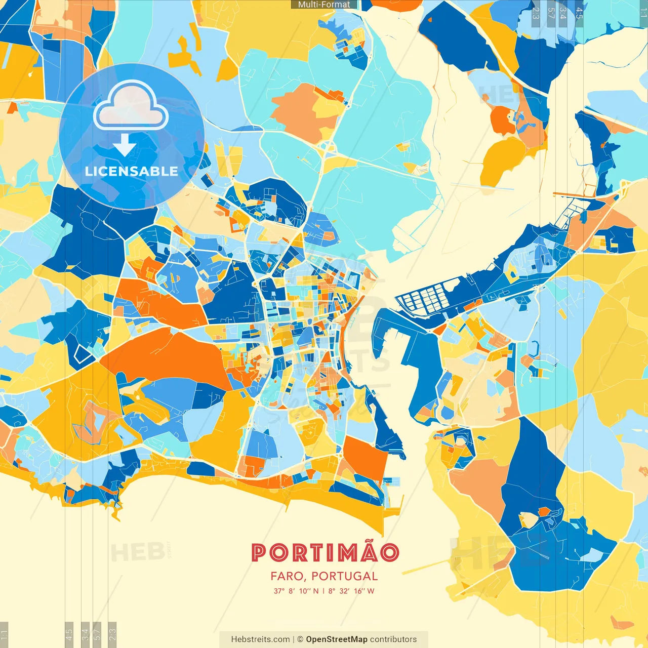Portimão, Faro, Portugal blue and orange vector art map template