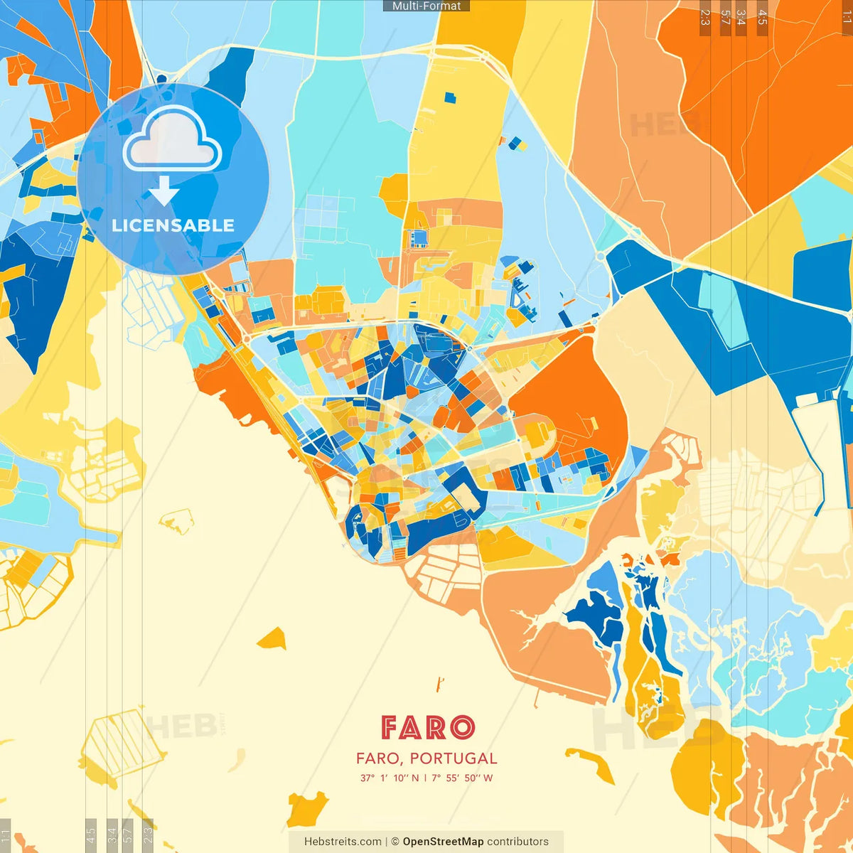 Faro, Faro, Portugal blue and orange vector art map template