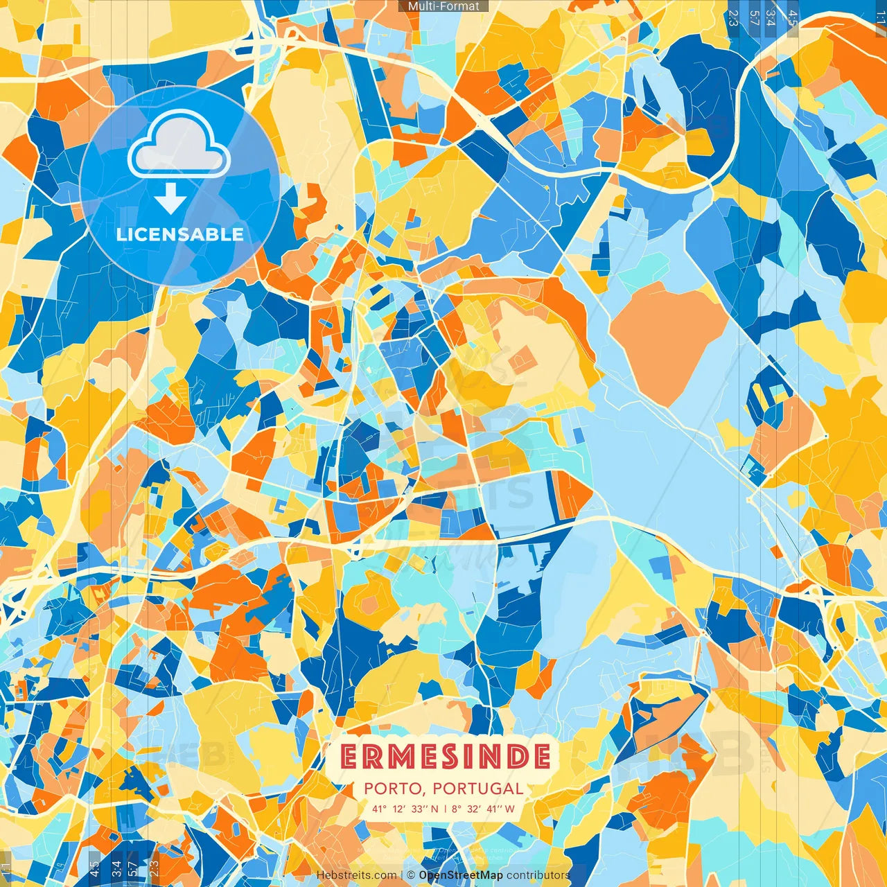 Ermesinde, Porto, Portugal blue and orange vector art map template