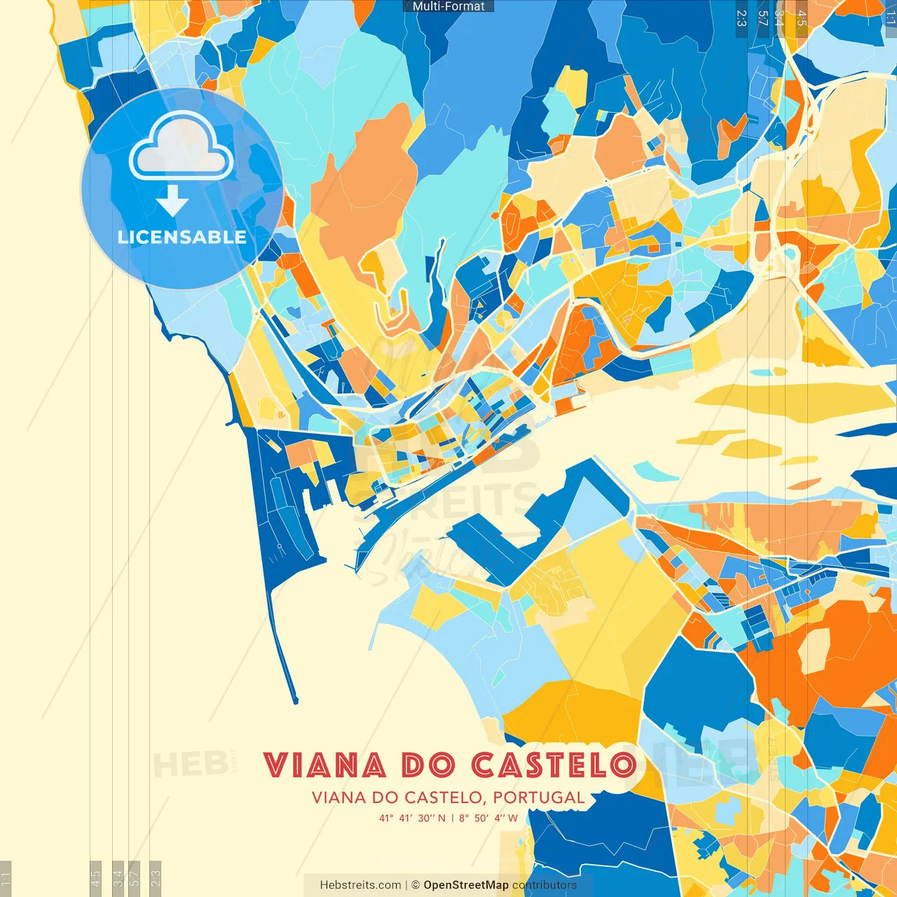 Viana do Castelo, Viana do Castelo, Portugal blue and orange vector art map template