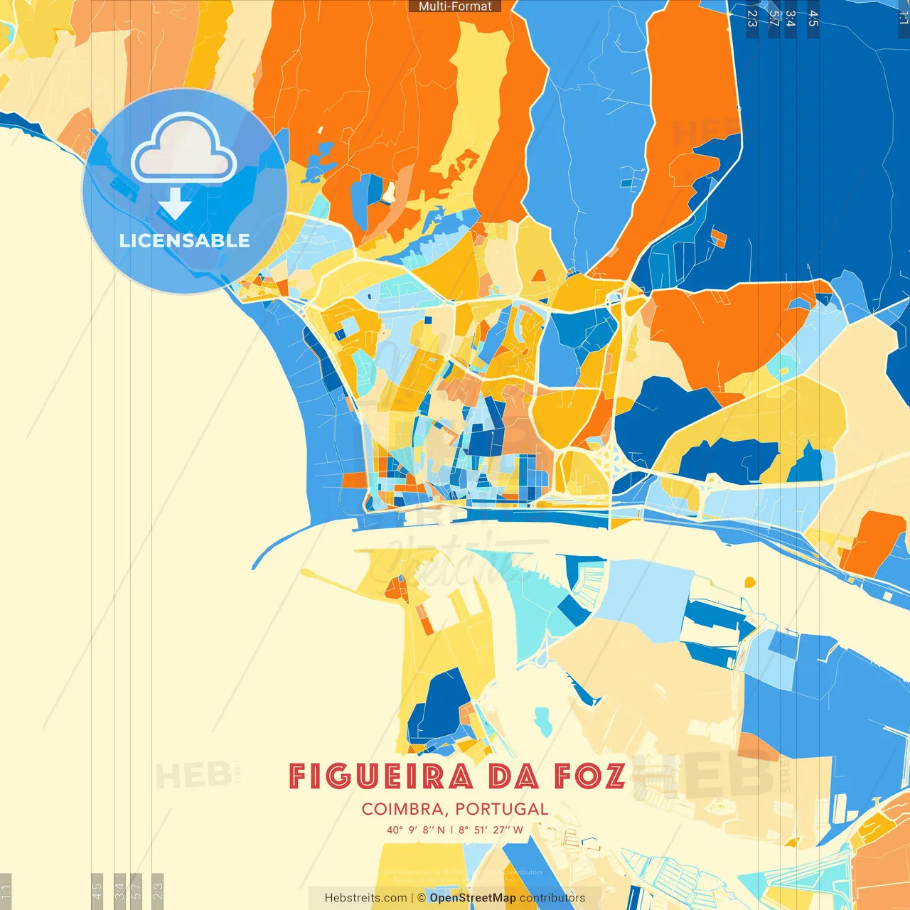 Figueira da Foz, Coimbra, Portugal blue and orange vector art map template