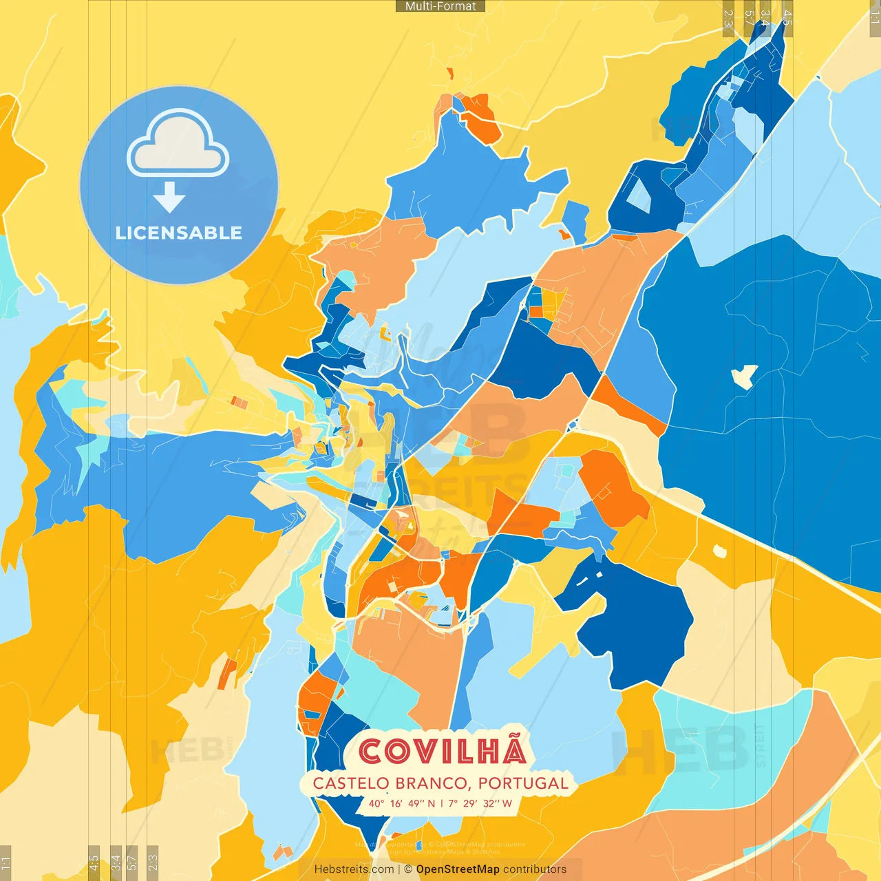 Covilhã, Castelo Branco, Portugal blue and orange vector art map template