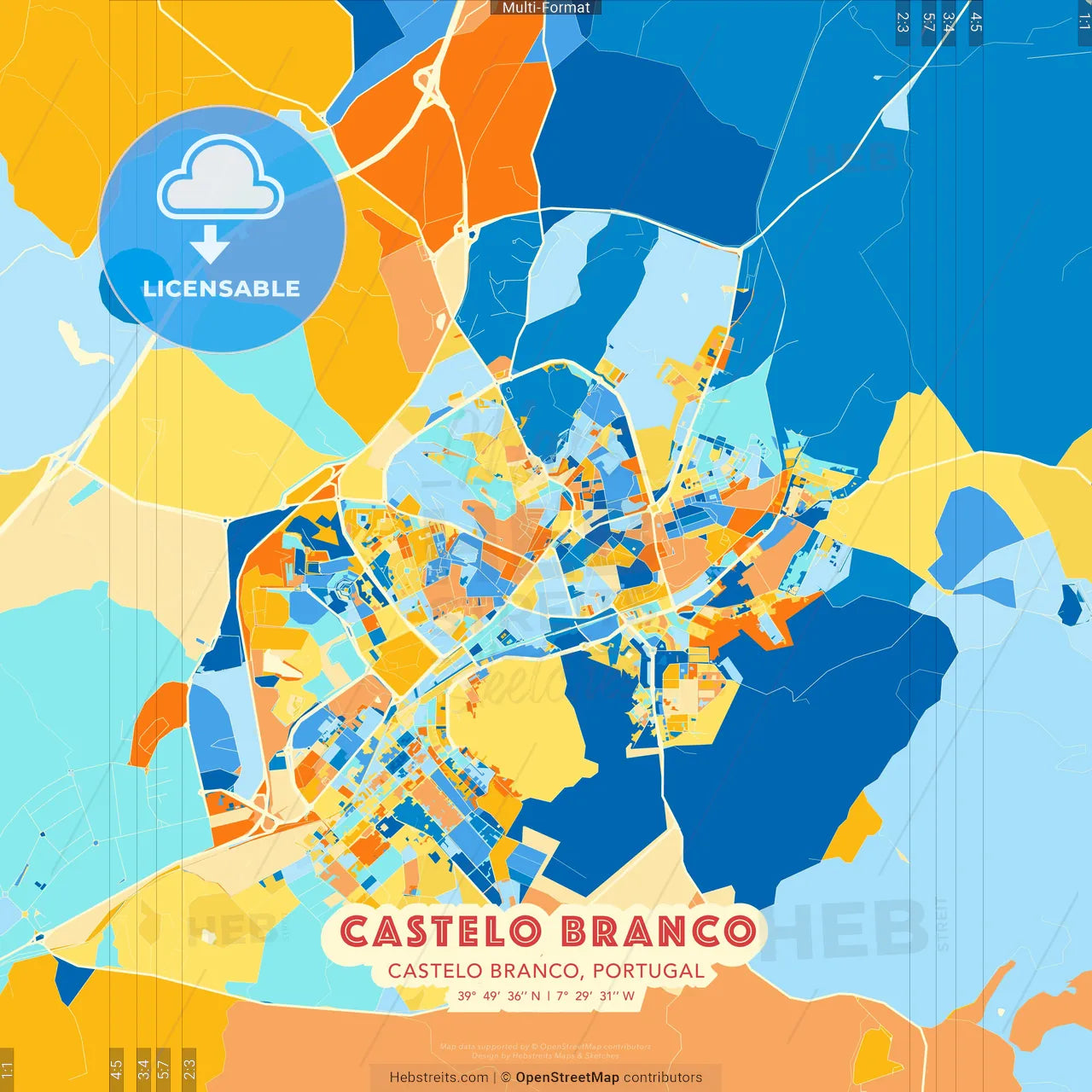 Castelo Branco, Castelo Branco, Portugal blue and orange vector art map template