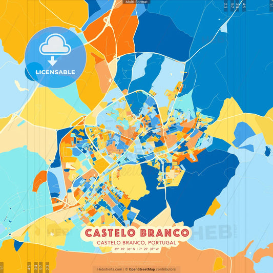 Castelo Branco, Castelo Branco, Portugal blue and orange vector art map template