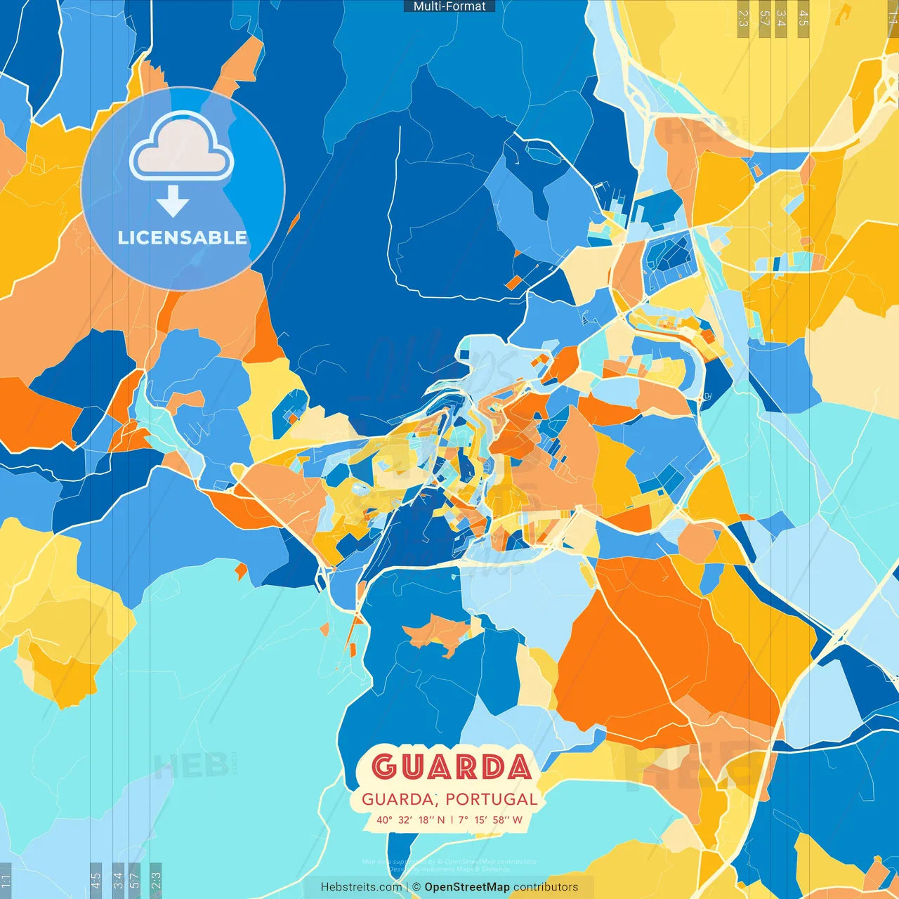 Guarda, Guarda, Portugal blue and orange vector art map template