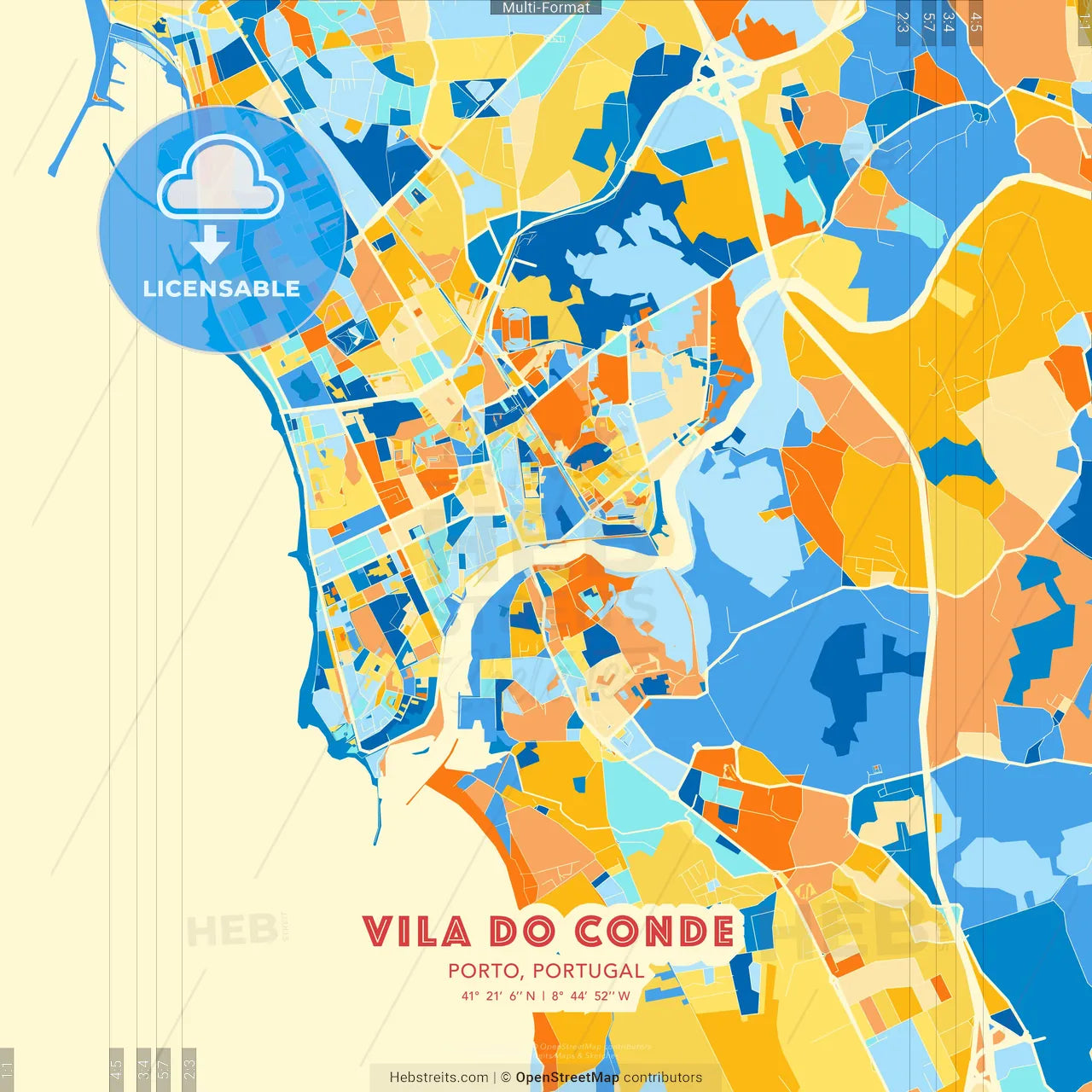 Vila do Conde, Porto, Portugal blue and orange vector art map template