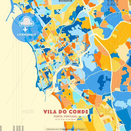 Vila do Conde, Porto, Portugal blue and orange vector art map template