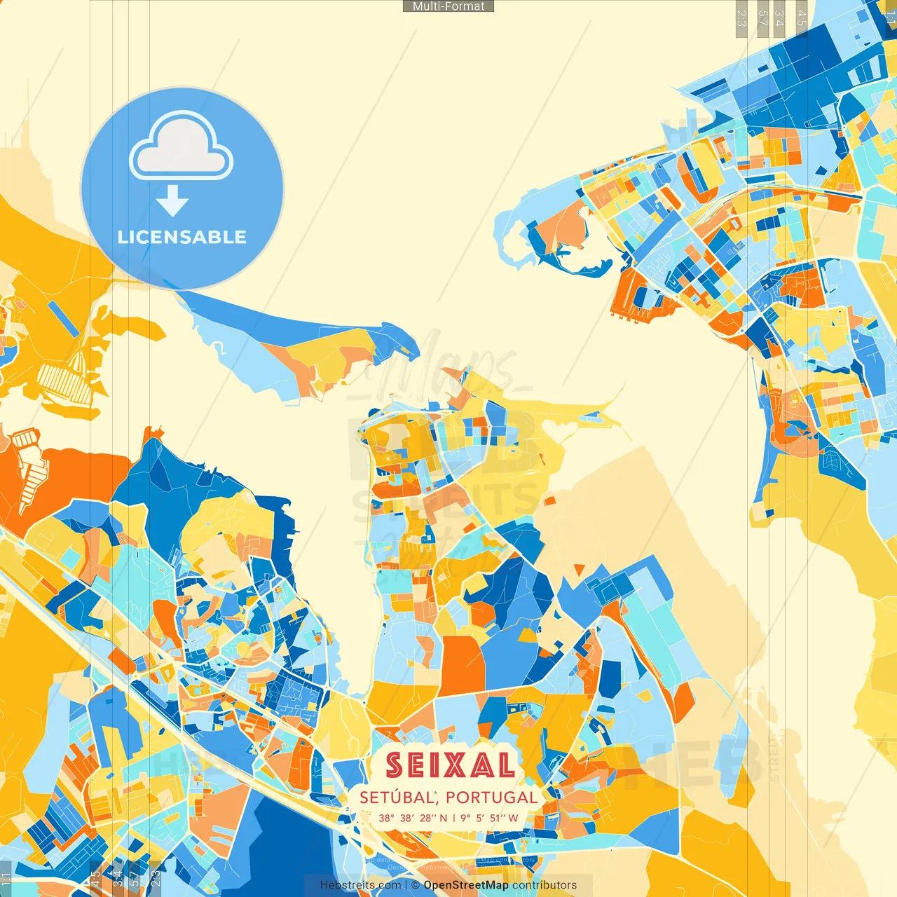 Seixal, Setúbal, Portugal blue and orange vector art map template