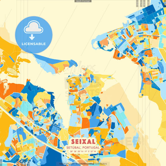 Seixal, Setúbal, Portugal blue and orange vector art map template