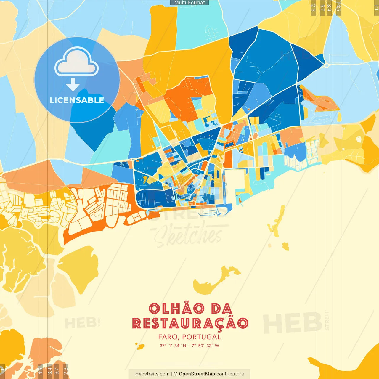Olhão da Restauração, Faro, Portugal blue and orange vector art map template