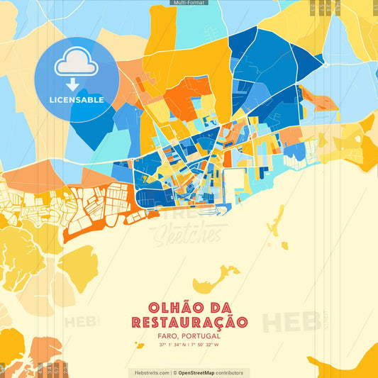 Olhão da Restauração, Faro, Portugal blue and orange vector art map template