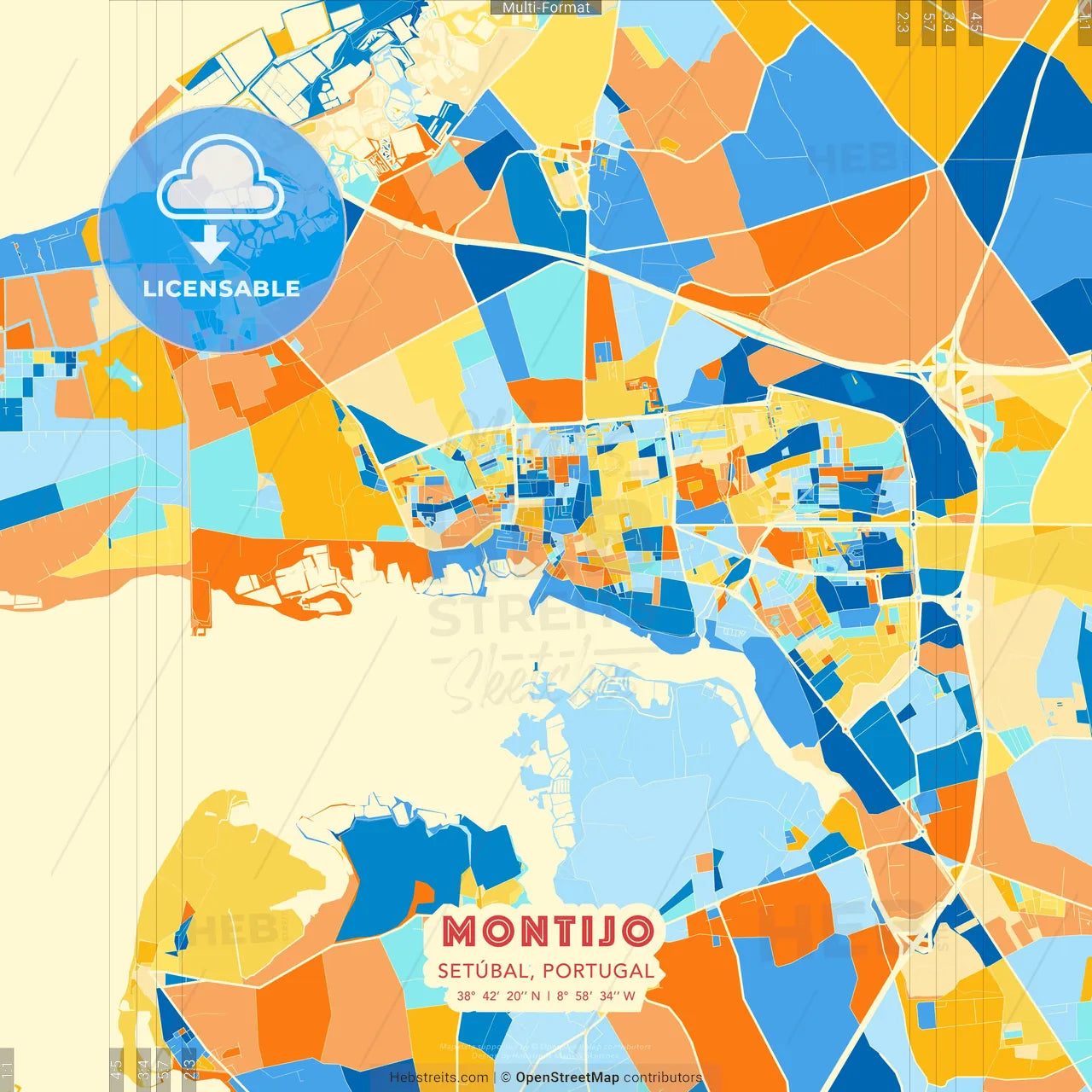Montijo, Setúbal, Portugal blue and orange vector art map template