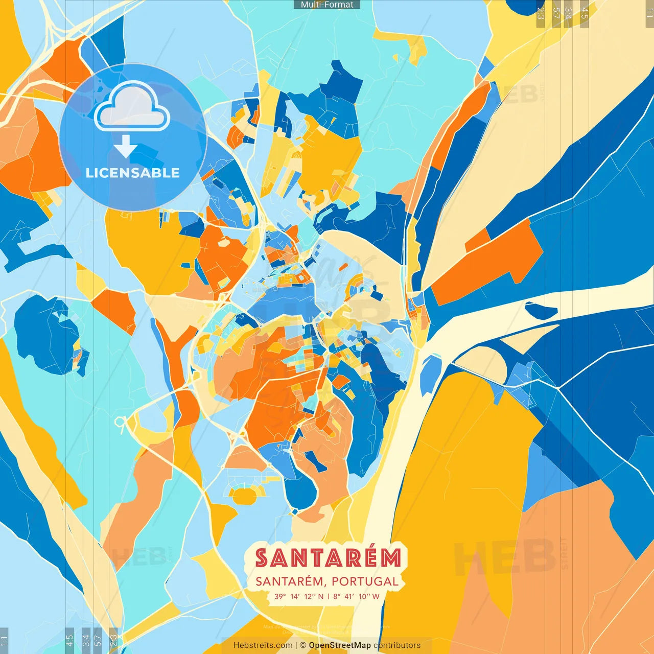 Santarém, Santarém, Portugal blue and orange vector art map template