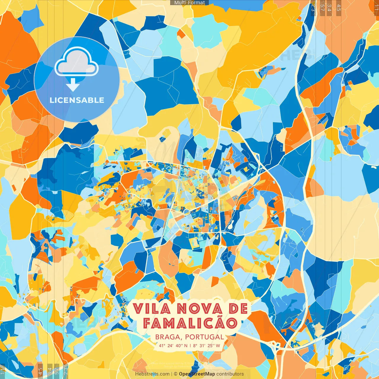 Vila Nova de Famalicão, Braga, Portugal blue and orange vector art map template