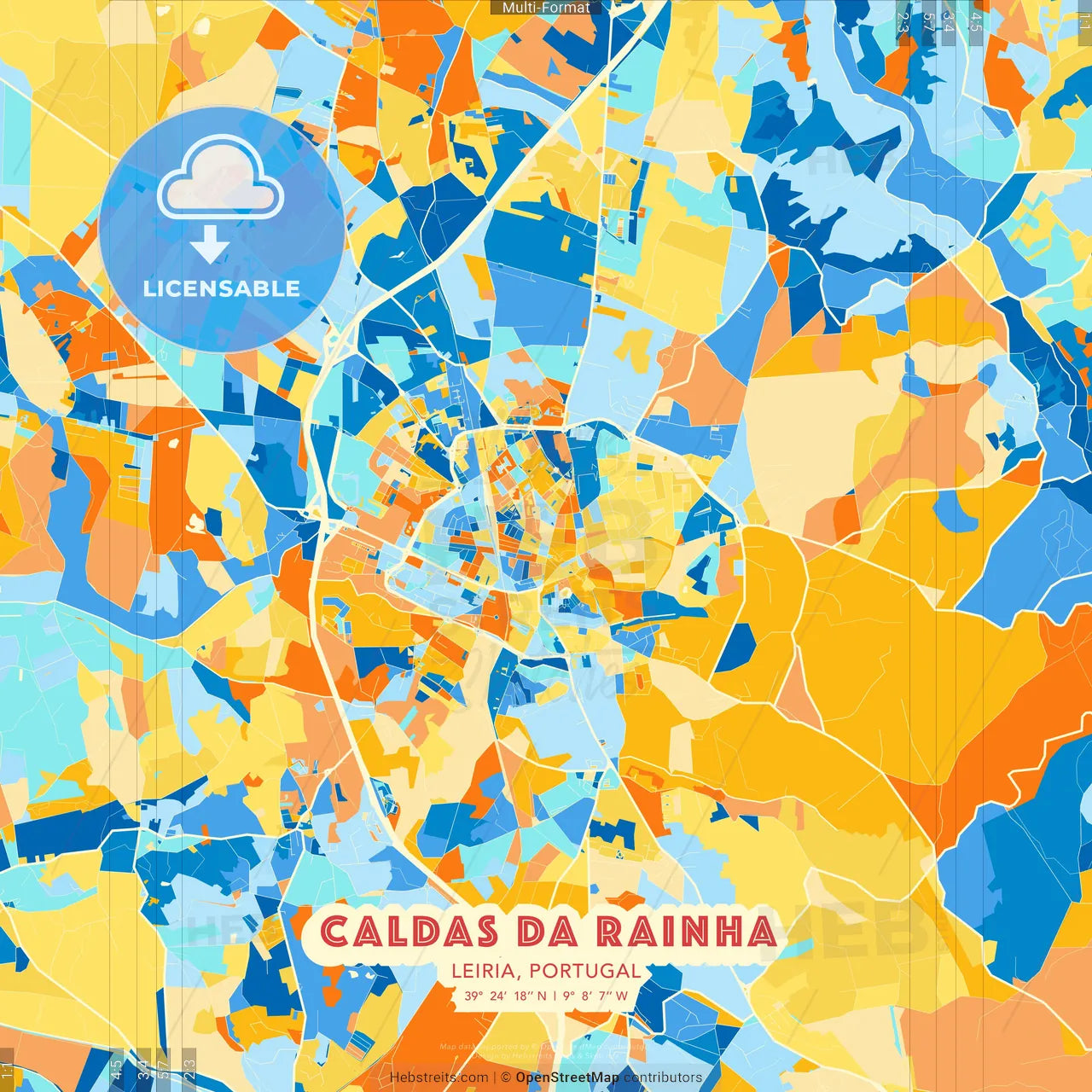Caldas da Rainha, Leiria, Portugal blue and orange vector art map template