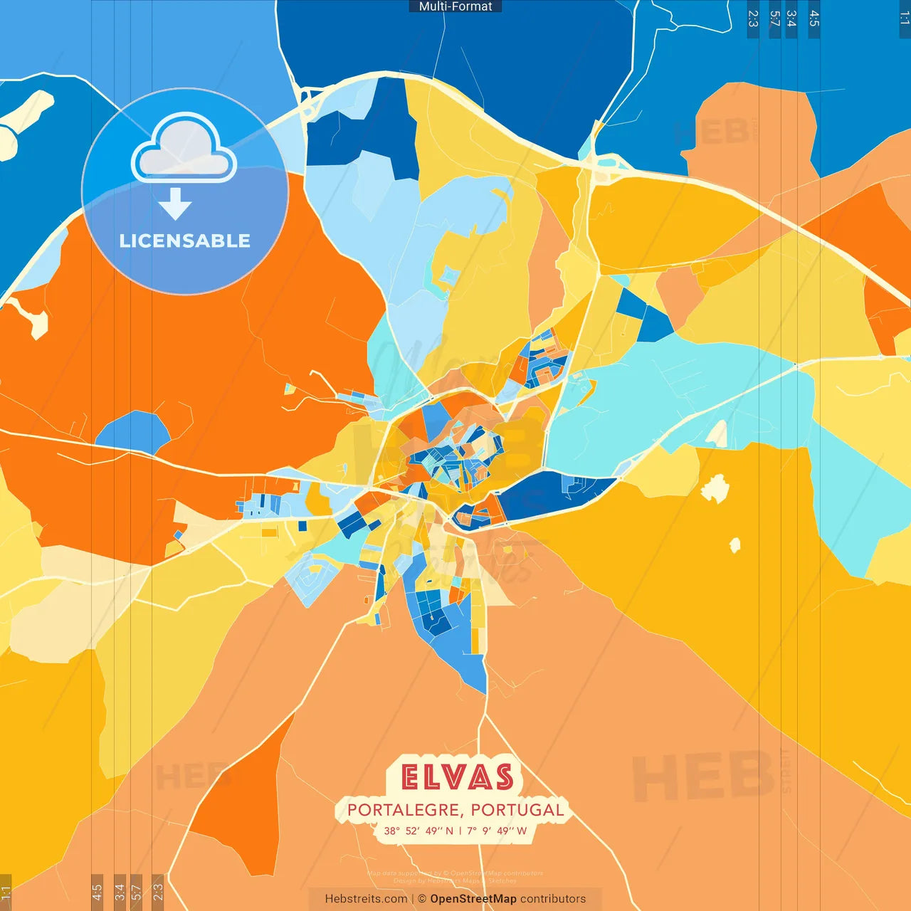 Elvas, Portalegre, Portugal blue and orange vector art map template