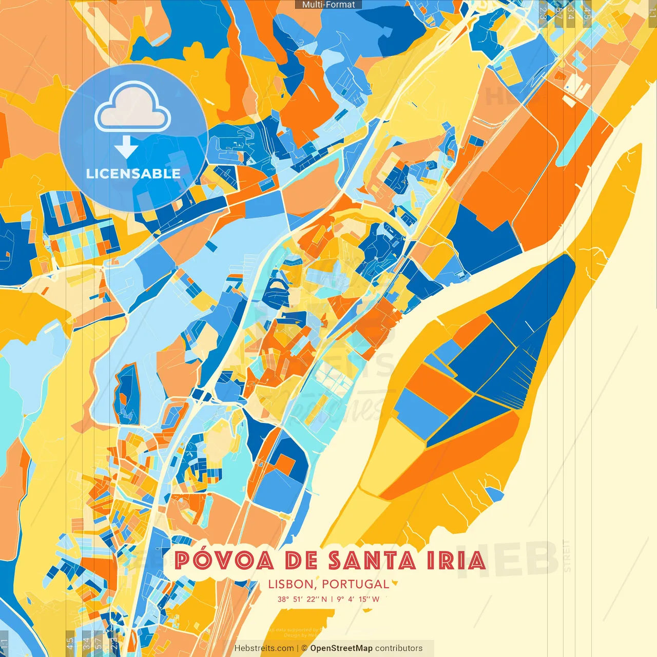 Póvoa de Santa Iria, Lisbon, Portugal blue and orange vector art map template