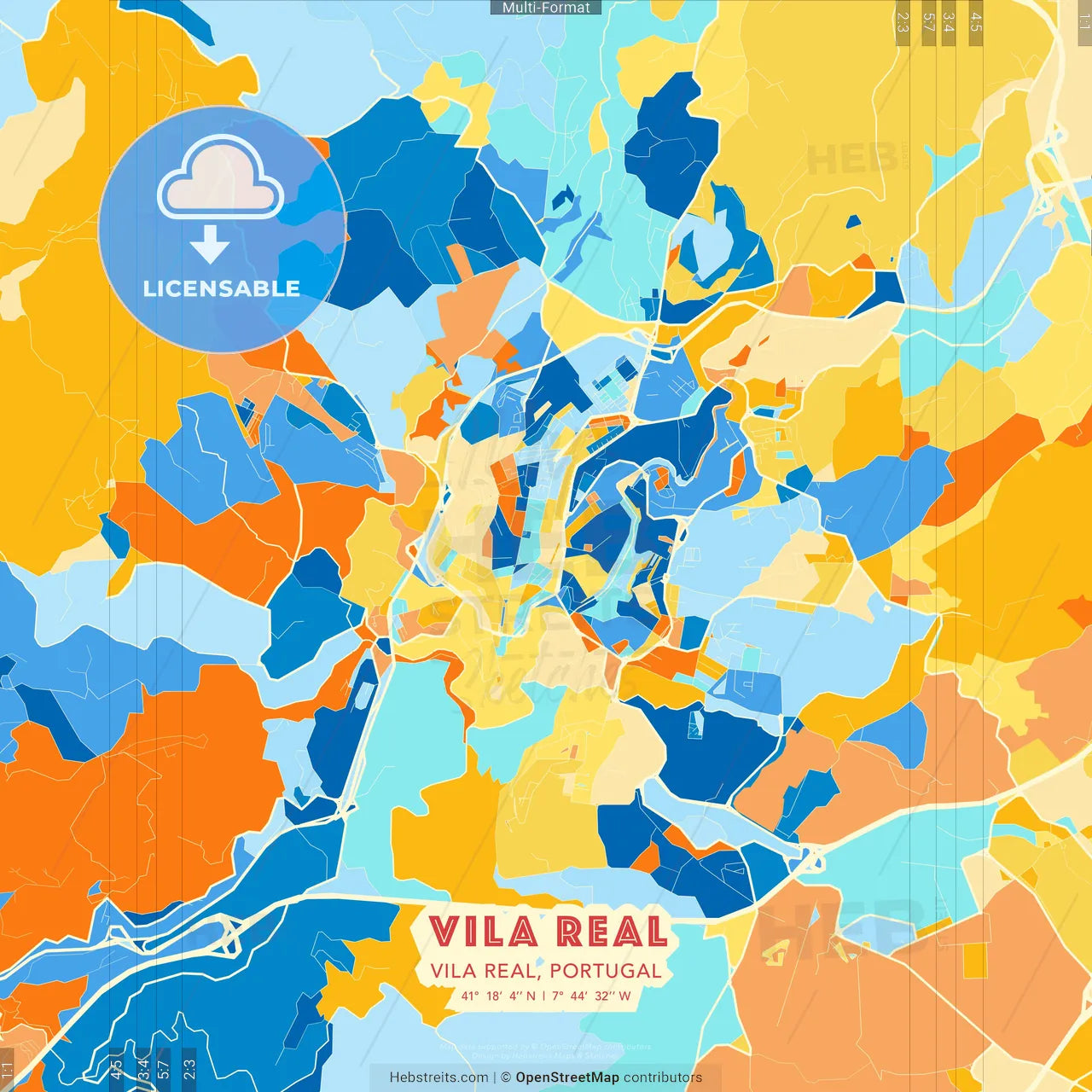 Vila Real, Vila Real, Portugal blue and orange vector art map template