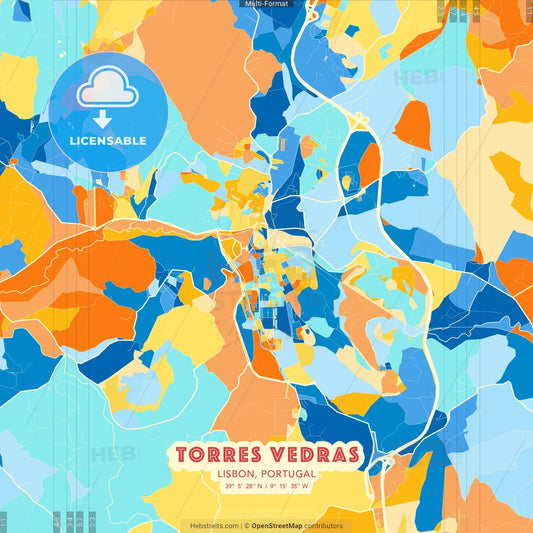 Torres Vedras, Lisbon, Portugal blue and orange vector art map template