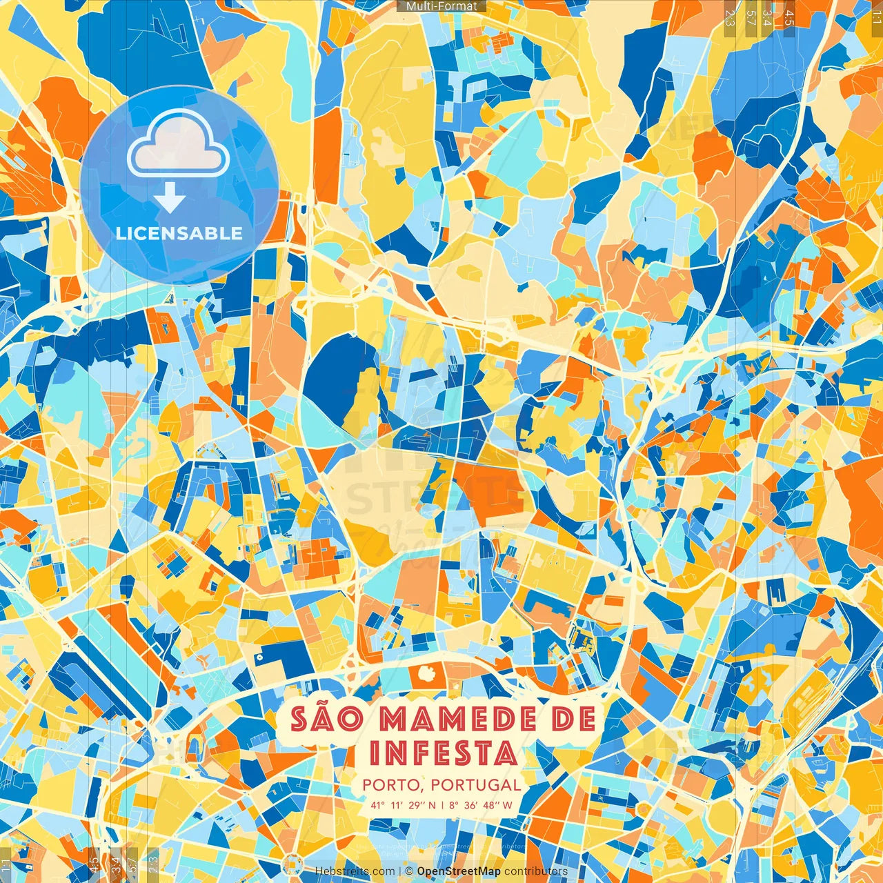 São Mamede de Infesta, Porto, Portugal blue and orange vector art map template