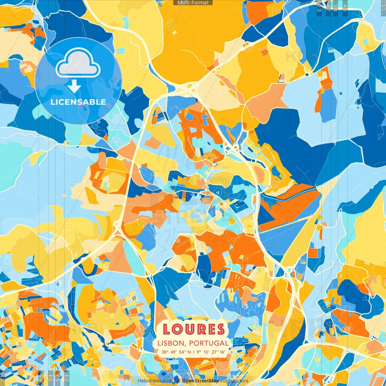 Loures, Lisbon, Portugal blue and orange vector art map template