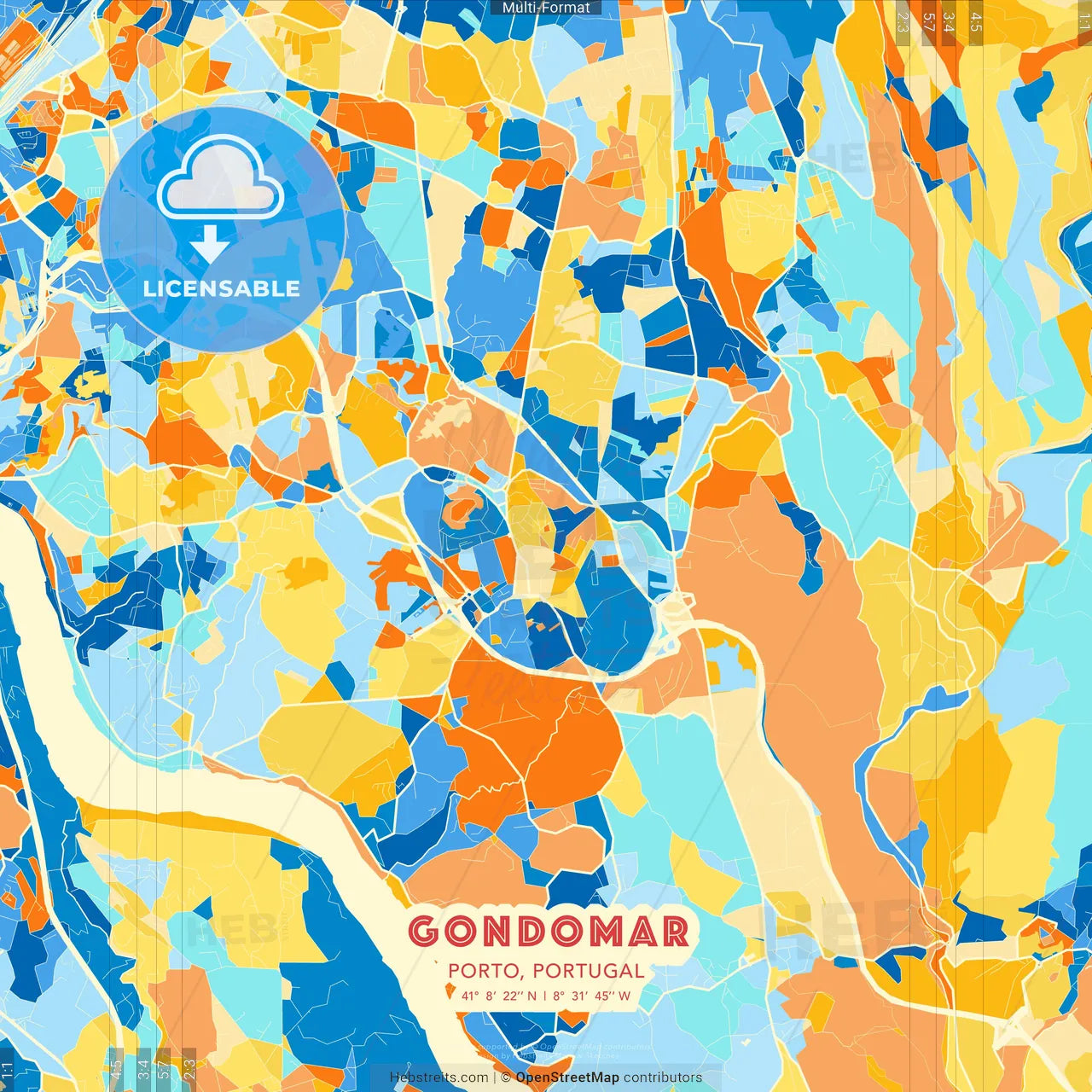Gondomar, Porto, Portugal blue and orange vector art map template