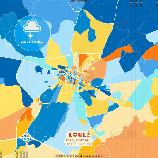 Loulé, Faro, Portugal blue and orange vector art map template
