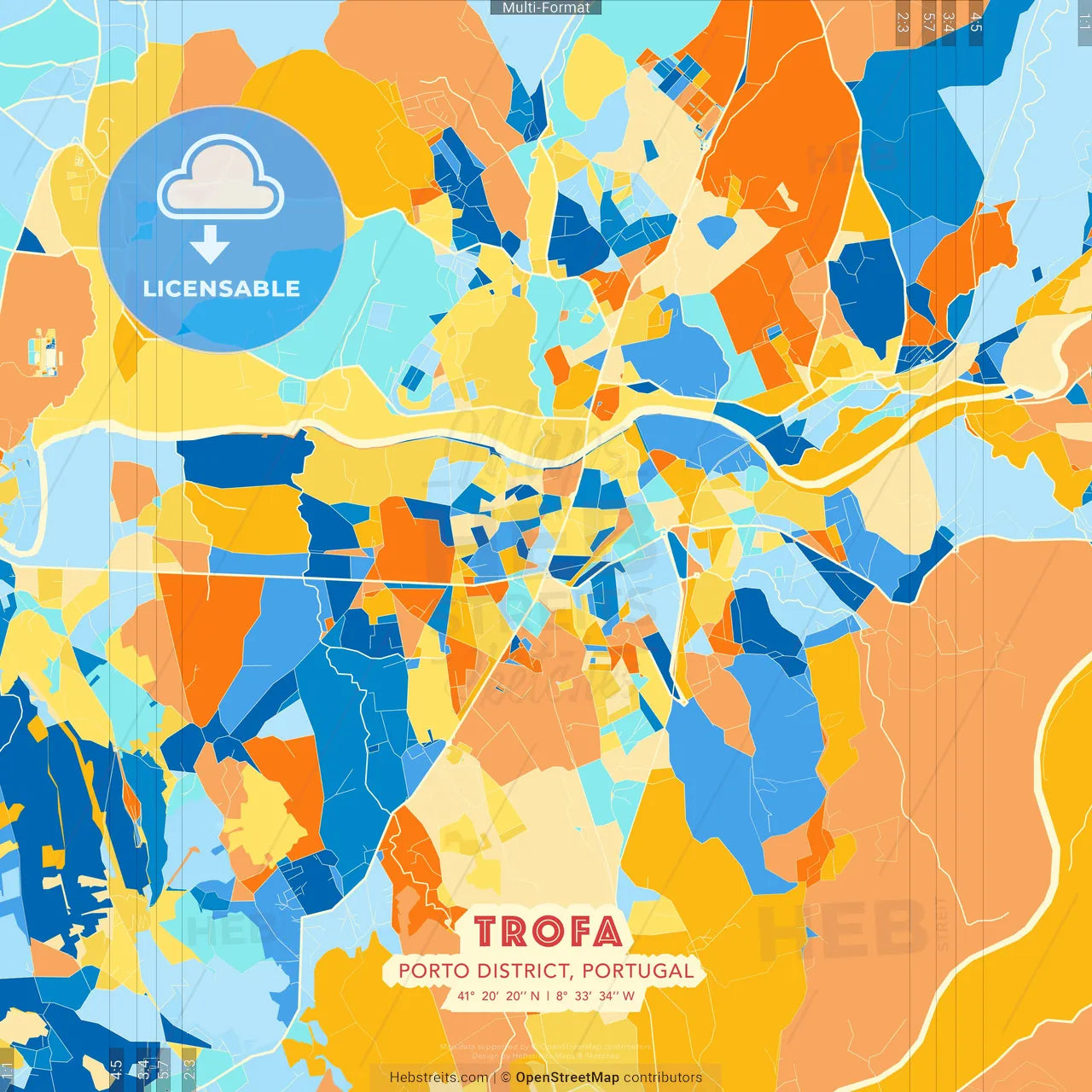 Trofa, Porto District, Portugal blue and orange vector art map template