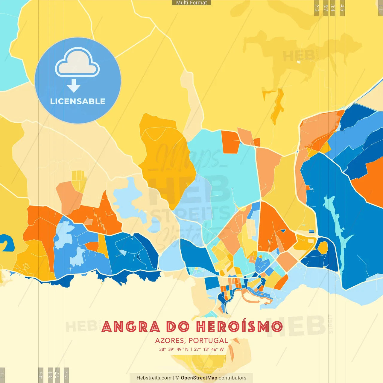 Angra do Heroísmo, Azores, Portugal blue and orange vector art map template