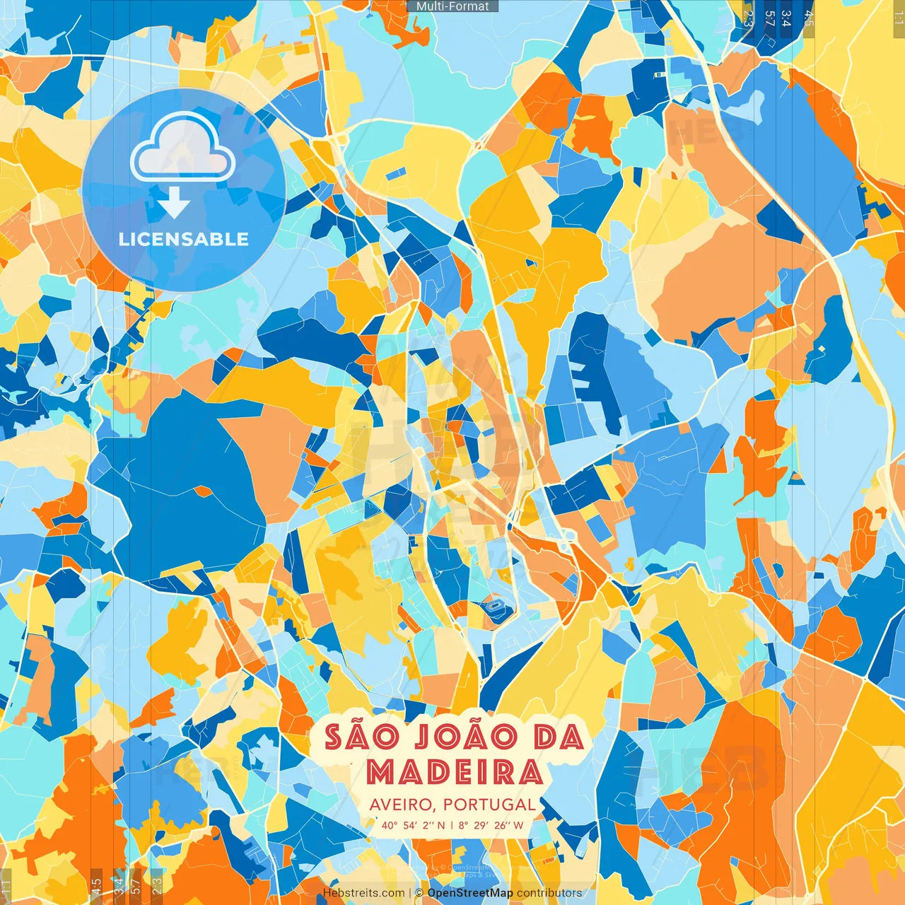 São João da Madeira, Aveiro, Portugal blue and orange vector art map template