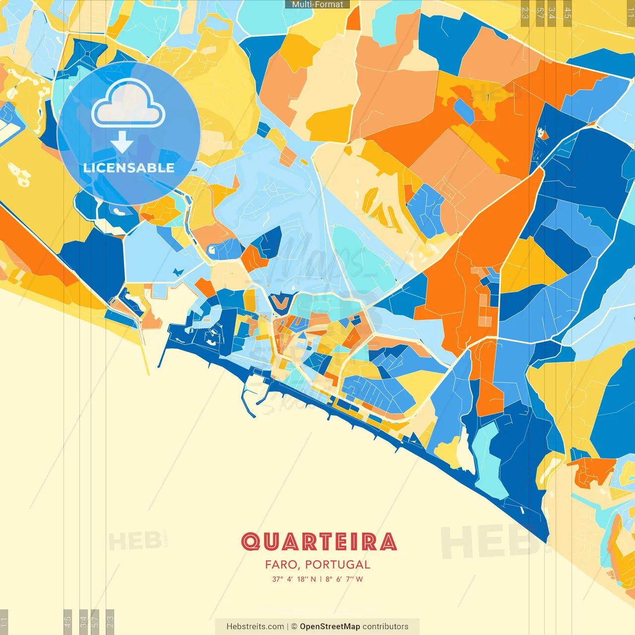 Quarteira, Faro, Portugal blue and orange vector art map template