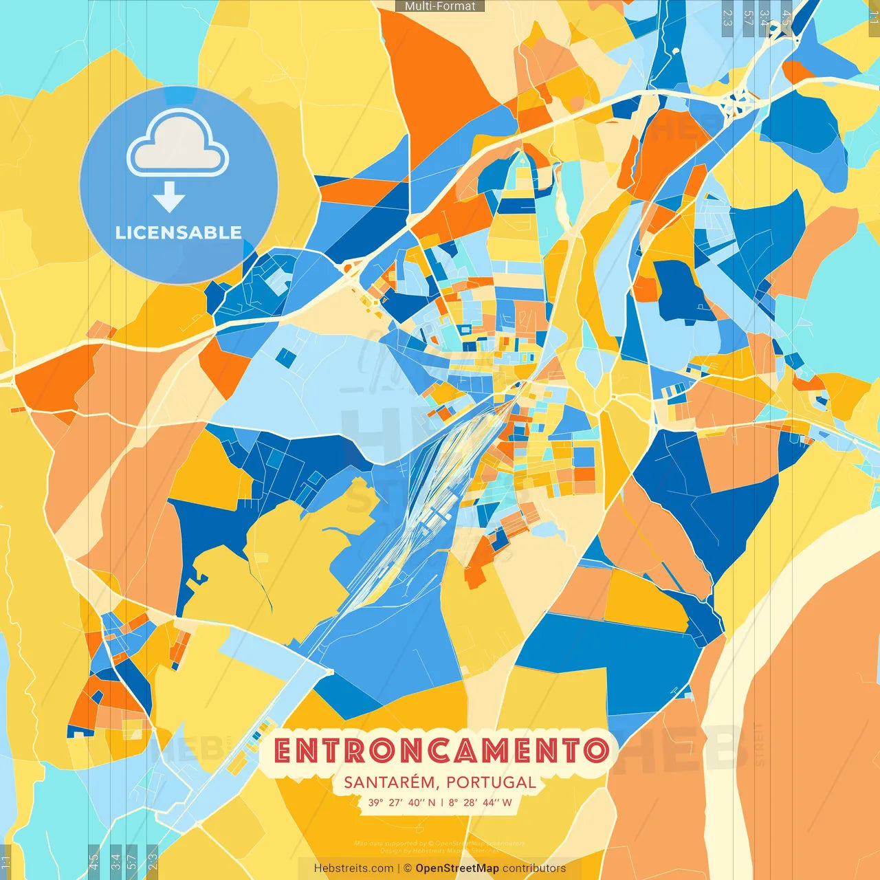 Entroncamento, Santarém, Portugal blue and orange vector art map template