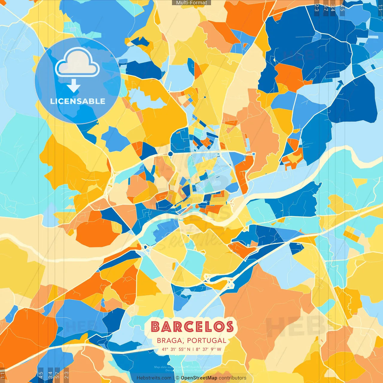 Barcelos, Braga, Portugal blue and orange vector art map template
