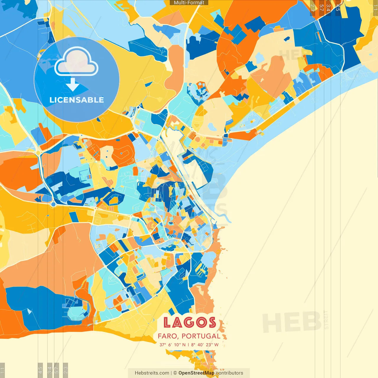 Lagos, Faro, Portugal blue and orange vector art map template