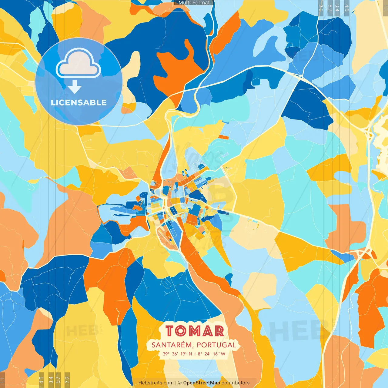 Tomar, Santarém, Portugal blue and orange vector art map template