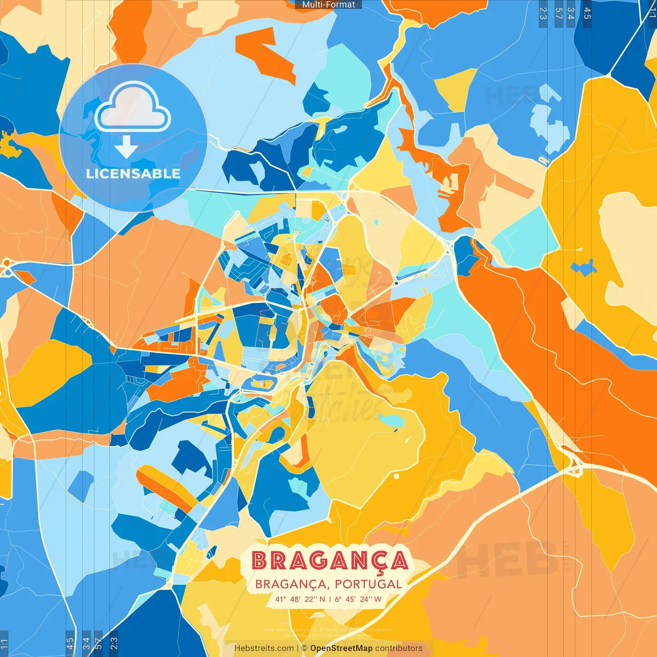 Bragança, Bragança, Portugal blue and orange vector art map template