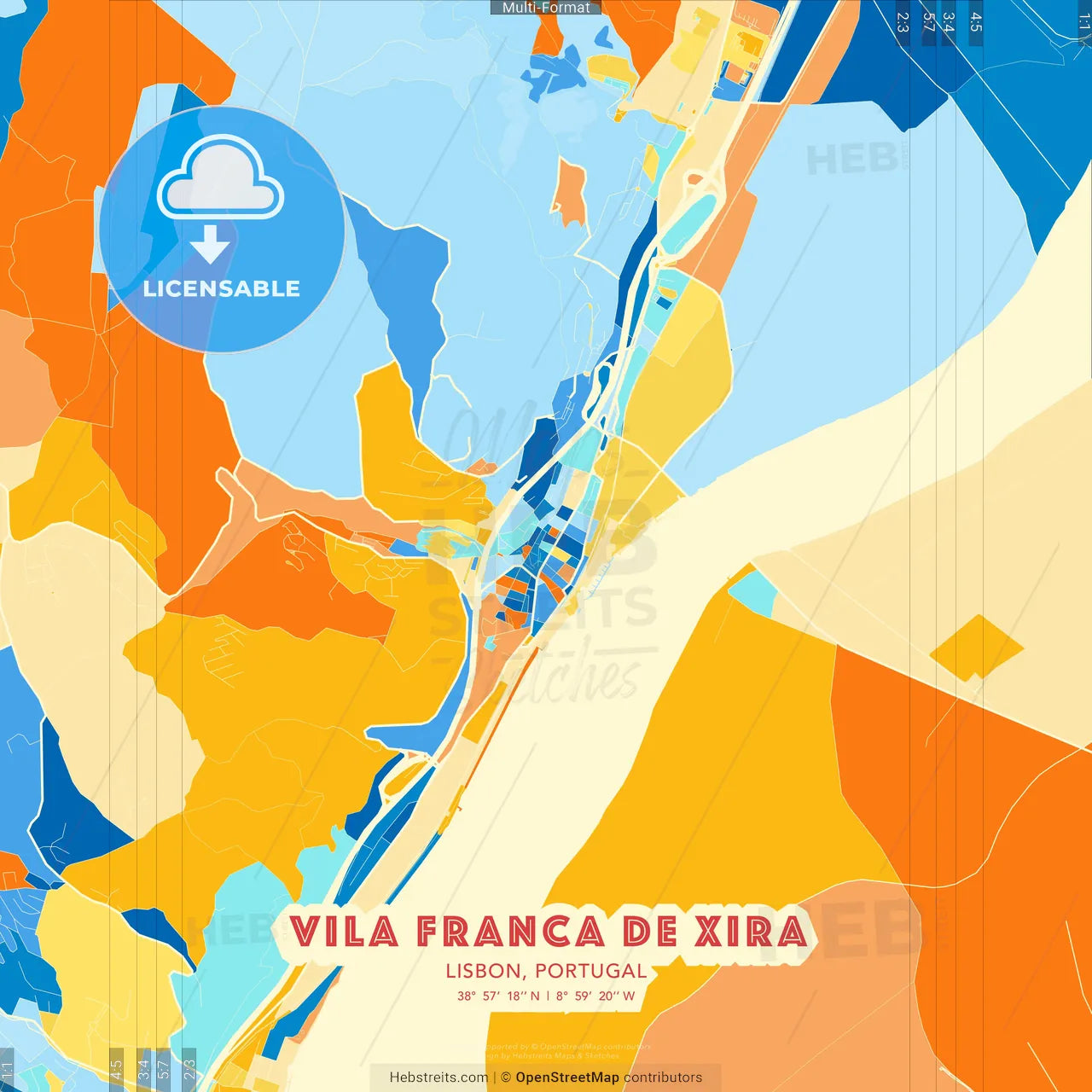 Vila Franca de Xira, Lisbon, Portugal blue and orange vector art map template
