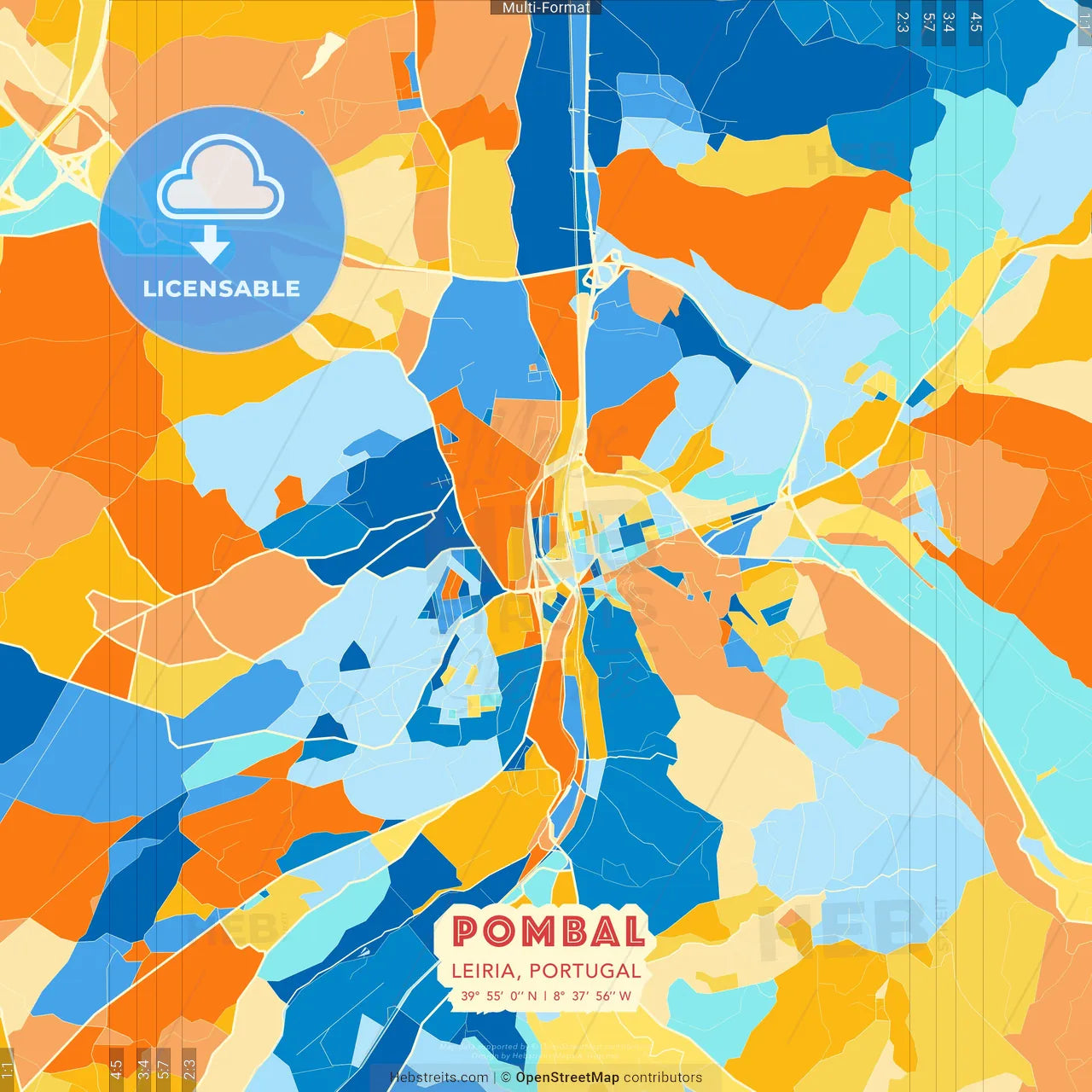 Pombal, Leiria, Portugal blue and orange vector art map template