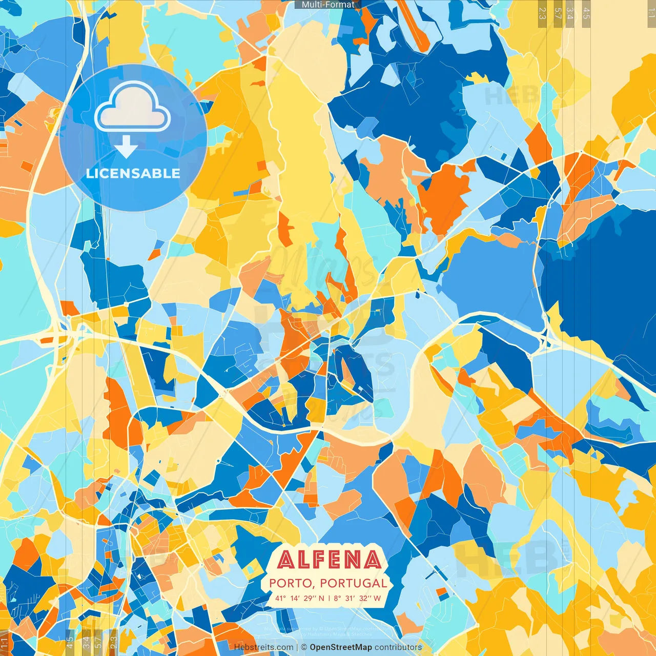 Alfena, Porto, Portugal blue and orange vector art map template
