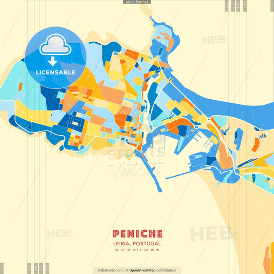 Peniche, Leiria, Portugal blue and orange vector art map template