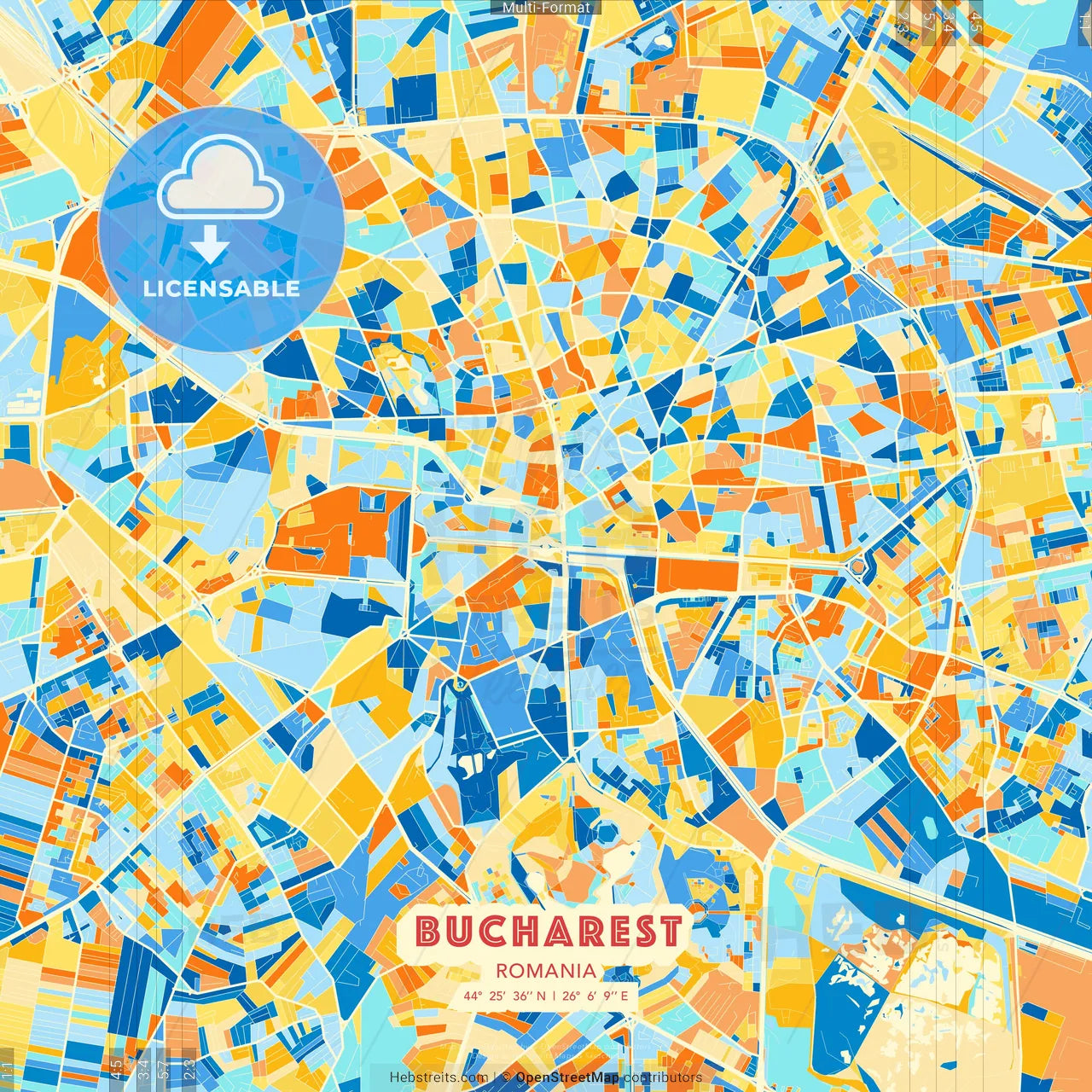 Bucharest, Romania blue and orange vector art map template