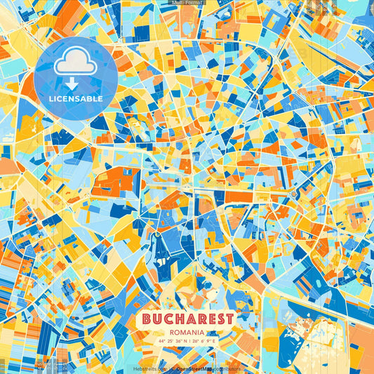 Bucharest, Romania blue and orange vector art map template