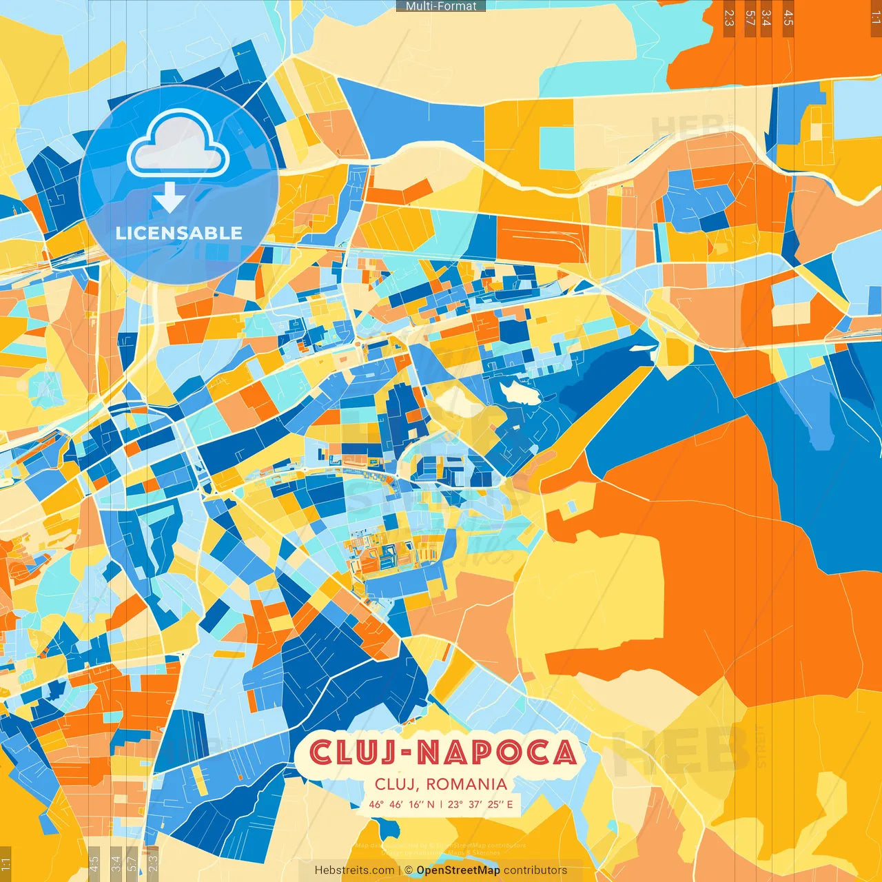 Cluj-Napoca, Cluj, Romania blue and orange vector art map template