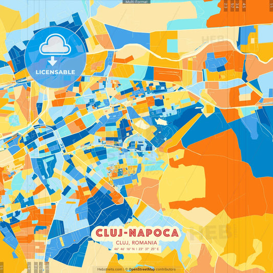 Cluj-Napoca, Cluj, Romania blue and orange vector art map template