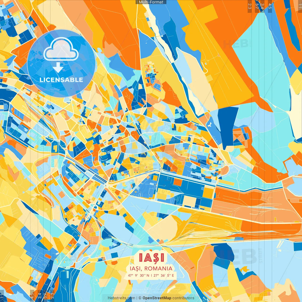 Iași, Iași, Romania blue and orange vector art map template