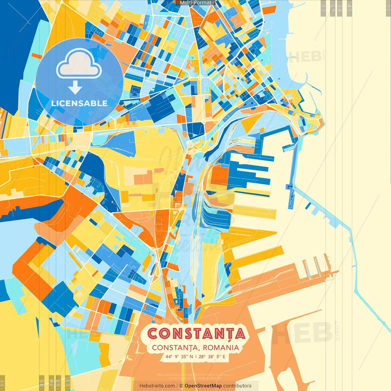 Constanța, Constanța, Romania blue and orange vector art map template