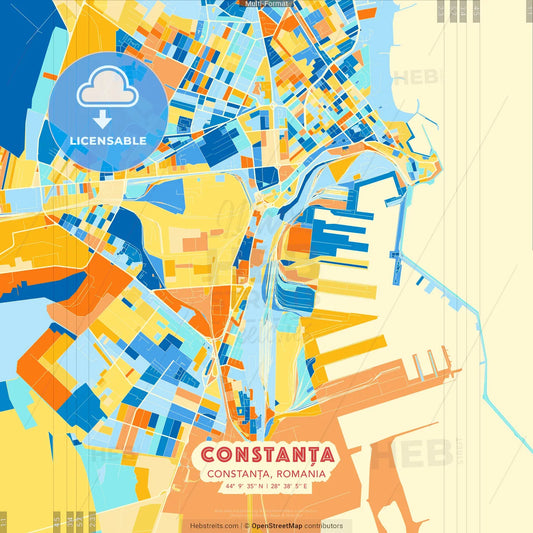 Constanța, Constanța, Romania blue and orange vector art map template