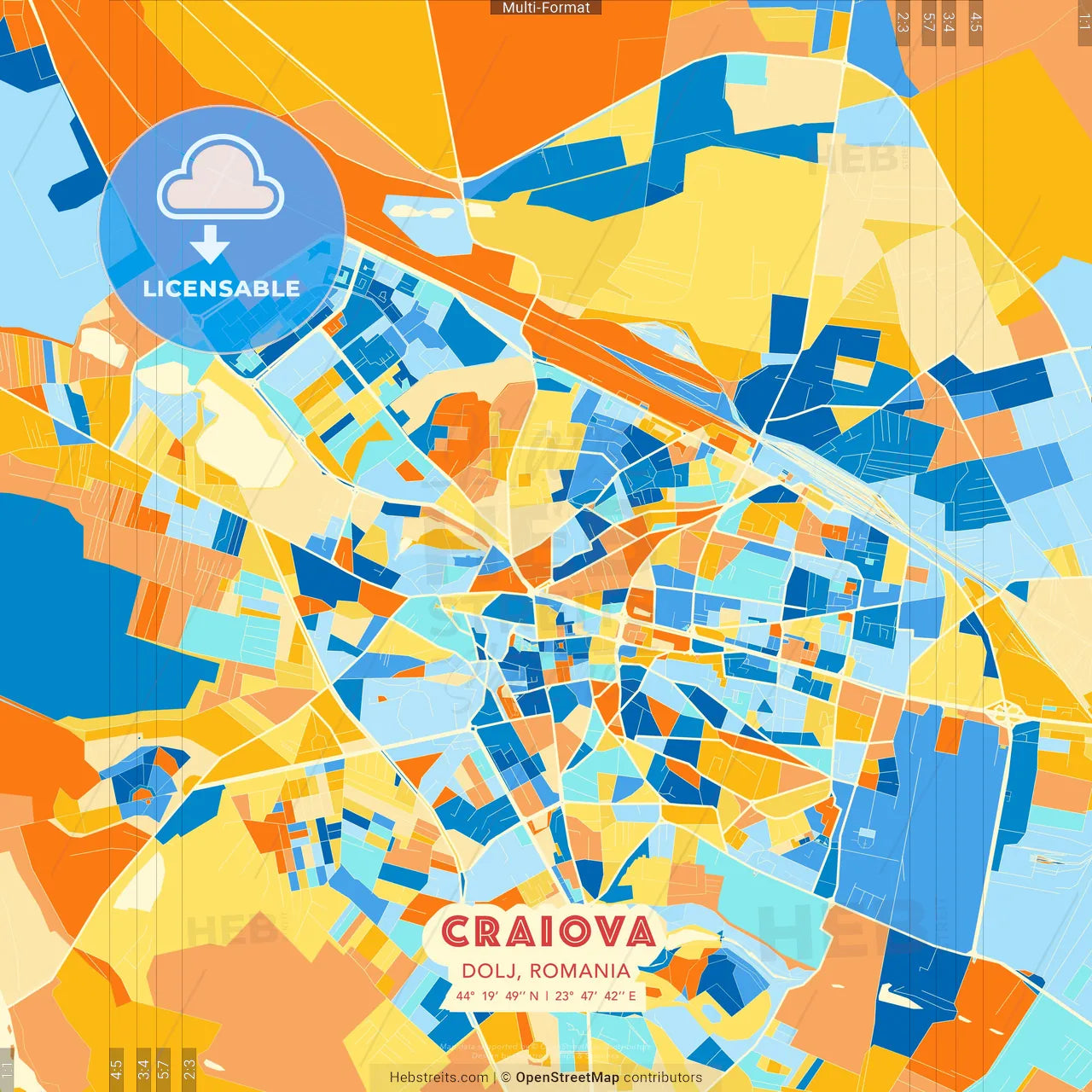 Craiova, Dolj, Romania blue and orange vector art map template